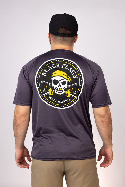 Rear view of Graphite West Florida Black Flags Performance Tee