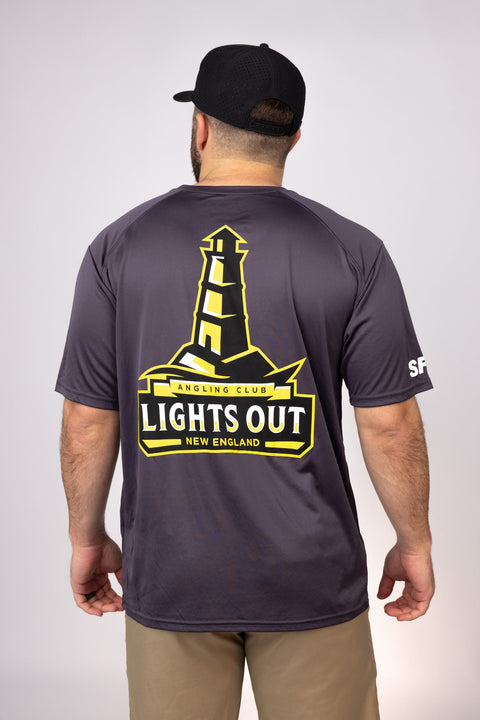 Rear view of Graphite New England Lights Out Performance Tee