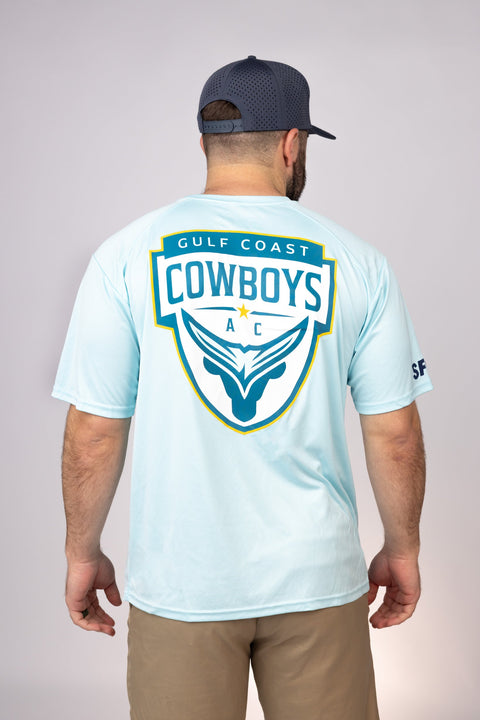 Rear view of Aqua Blue Gulf Coast Cowboys Performance Tee