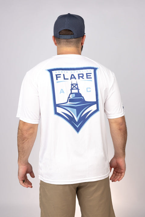 Rear view of White North Carolina Flare Performance Tee