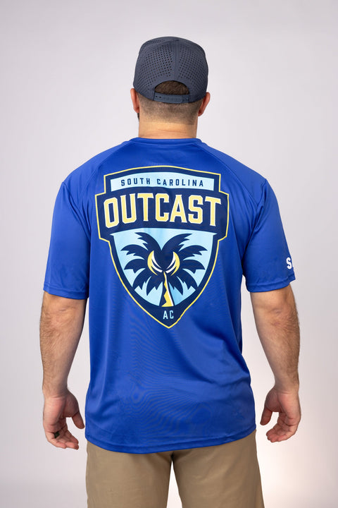 Rear view of Royal South Carolina Outcast Performance Tee