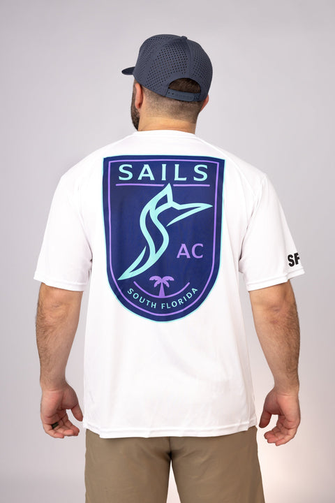 Rear view of White South Florida Sails Performance Tee
