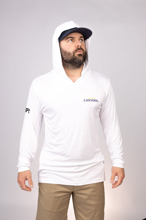 Hood up view of White Louisiana Canyons Performance Hoodie