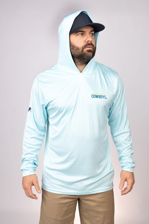 Hood up view of Aqua Blue Gulf Coast Cowboys Performance Hoodie