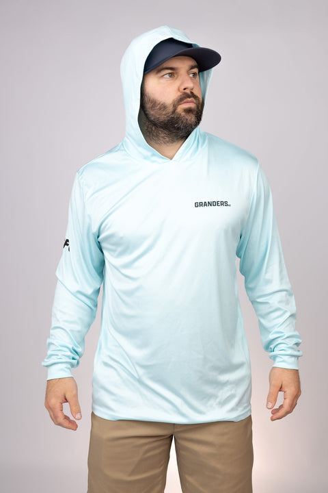 Hood up view of Aqua Blue New York Granders Performance Hoodie