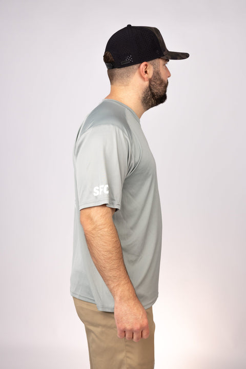 Side view of Medium Grey Alabama Angling Club Performance Tee