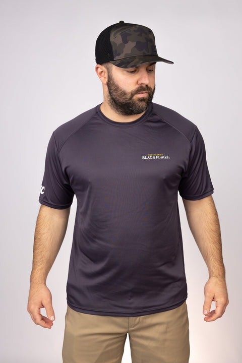Front view of Graphite West Florida Black Flags Performance Tee