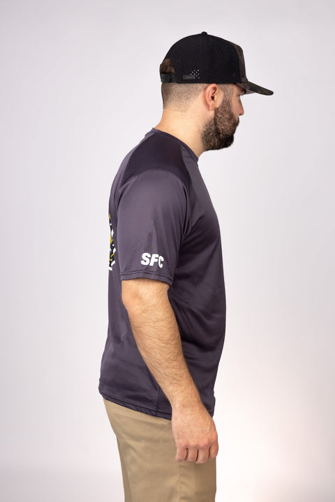 Side view of Graphite West Florida Black Flags Performance Tee