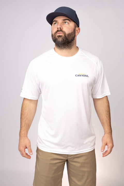 Front view of White Louisiana Canyons Performance Tee