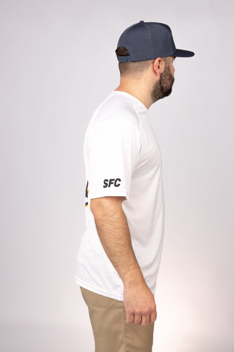Side view of White Louisiana Canyons Performance Tee