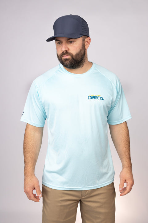 Front view of Aqua Blue Gulf Coast Cowboys Performance Tee