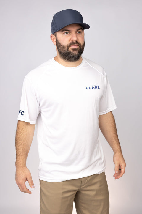 Front view of White North Carolina Flare Performance Tee