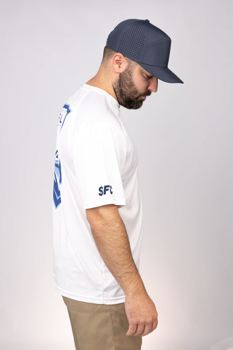 Side view of White North Carolina Flare Performance Tee