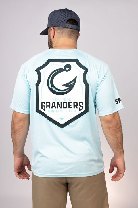 Rear view of Aqua Blue New York Granders Performance Tee