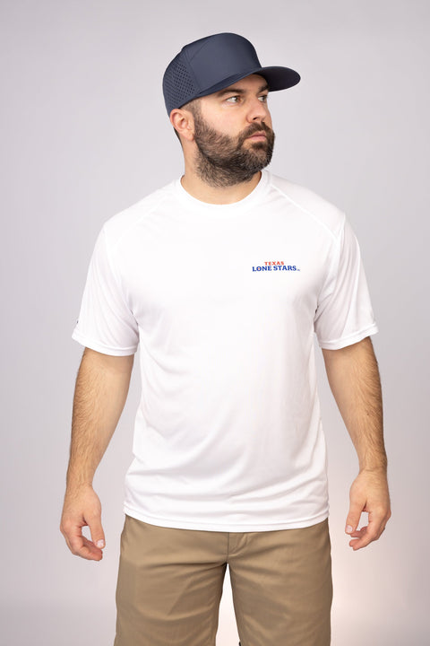 Front view of White Texas Lone Stars Performance Tee