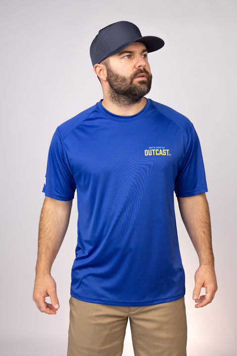 Front view of Royal South Carolina Outcast Performance Tee