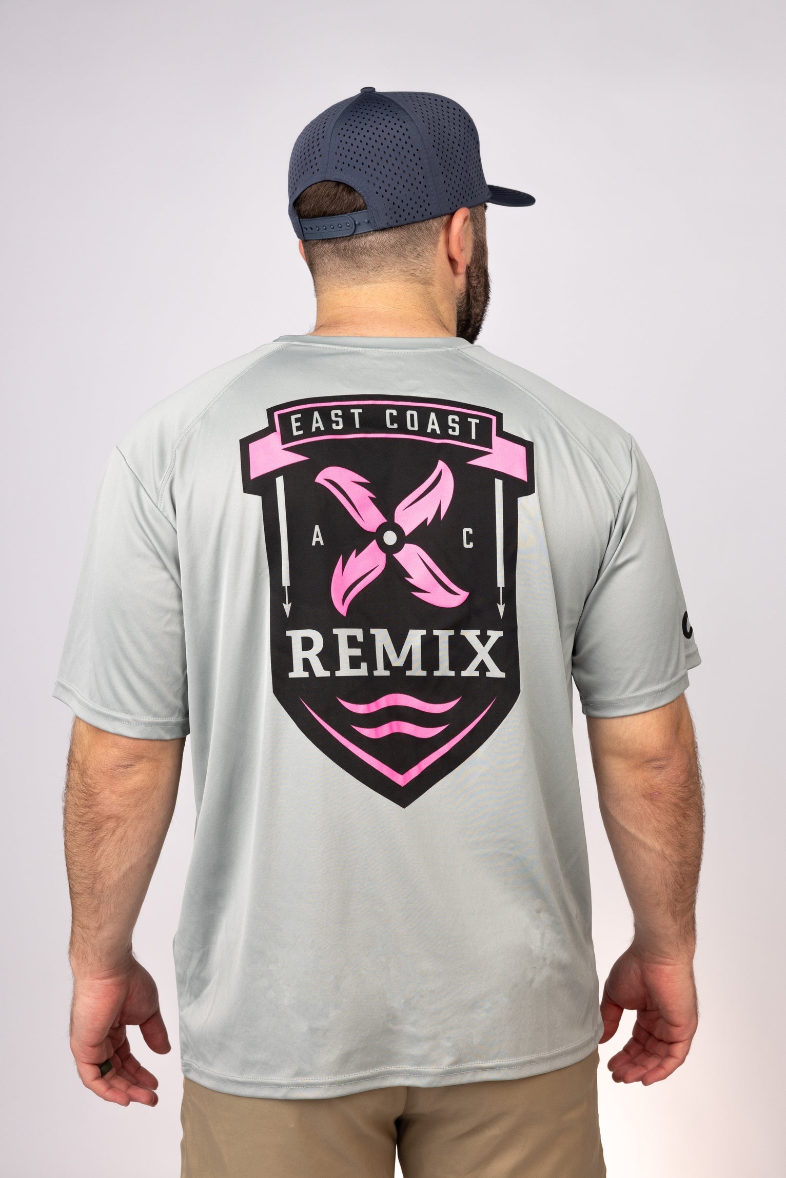 Rear view of Medium Grey East Coast Remix Performance Tee