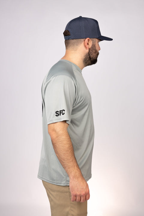 Side view of Medium Grey East Coast Remix Performance Tee