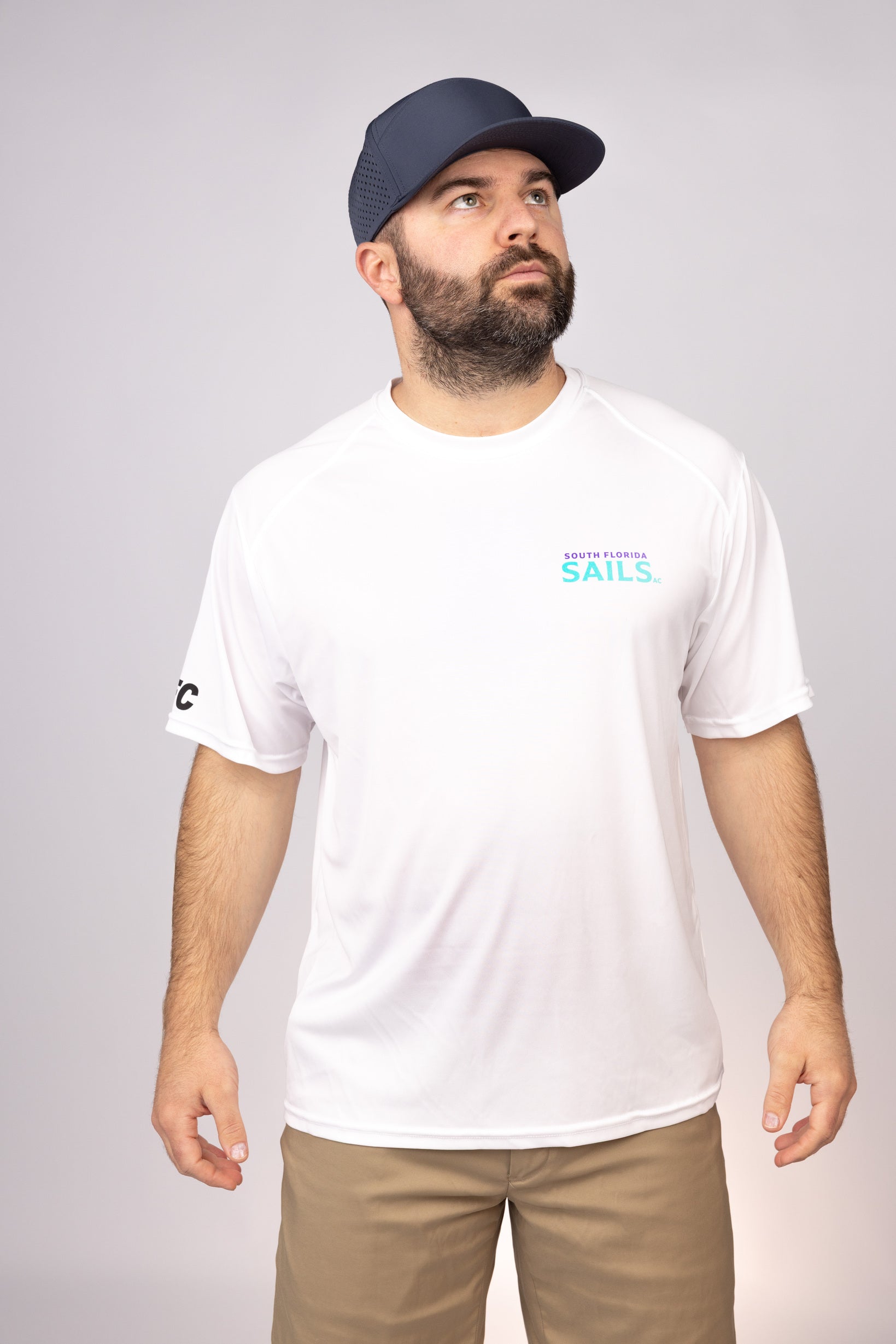 Front view of White South Florida Sails Performance Tee