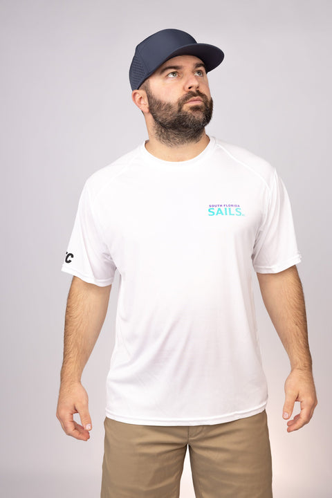Front view of White South Florida Sails Performance Tee