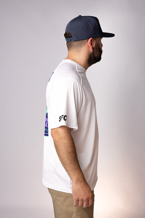 Side view of White South Florida Sails Performance Tee