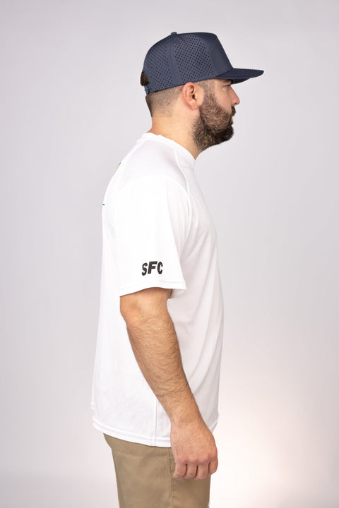 Side view of White New Jersey Sea Birds Performance Tee