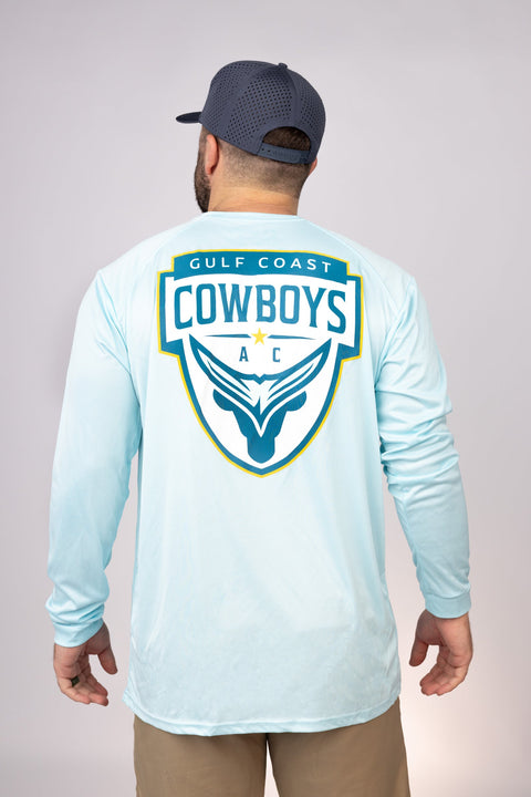 Rear view of Aqua Blue Gulf Coast Cowboys LS Performance
