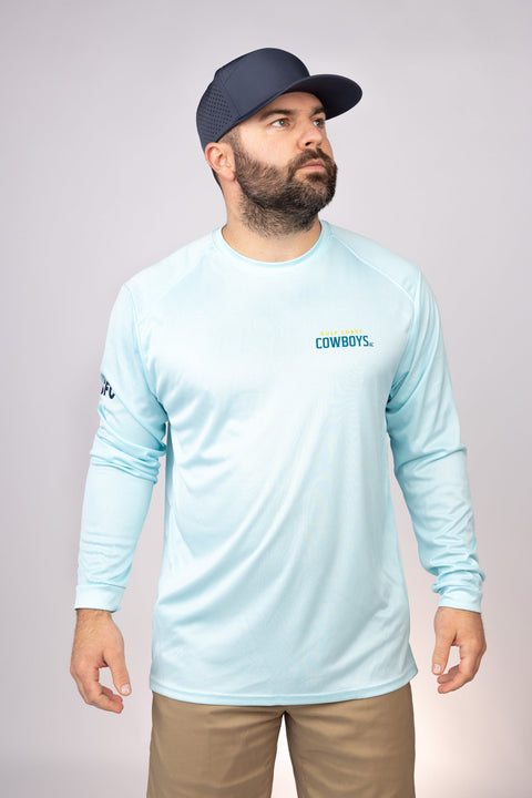 Front view of Aqua Blue Gulf Coast Cowboys LS Performance
