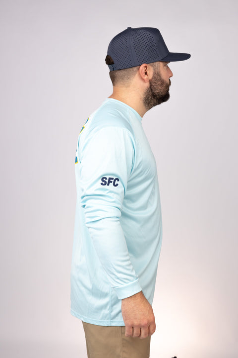 Side view of Aqua Blue Gulf Coast Cowboys LS Performance