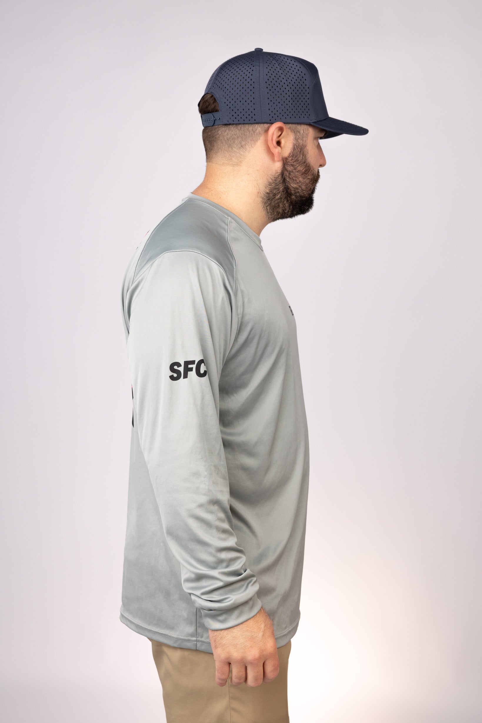Side view of Medium Grey East Coast Remix LS Performance
