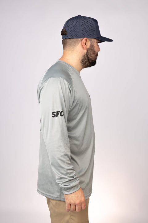 Side view of Medium Grey East Coast Remix LS Performance