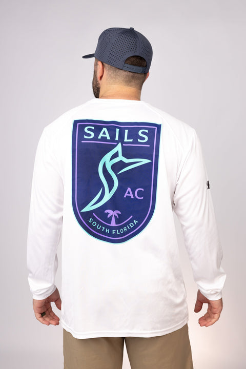Rear view of White South Florida Sails LS Performance