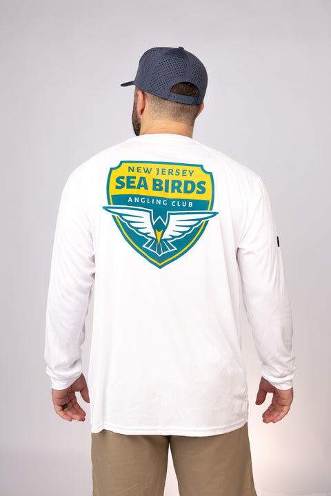 Rear view of White New Jersey Sea Birds LS Performance