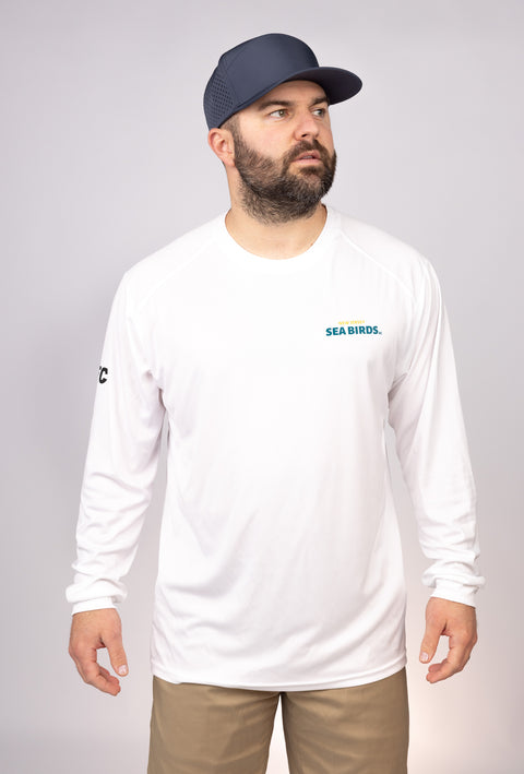 Front view of White New Jersey Sea Birds LS Performance