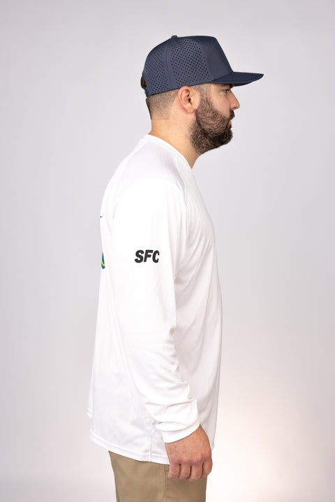 Side view of White New Jersey Sea Birds LS Performance
