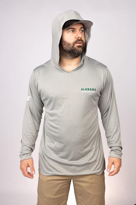 Hood up view of Medium Grey Alabama Angling Club Performance Hoodie