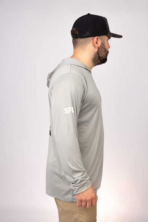 Side view of Medium Grey Alabama Angling Club Performance Hoodie