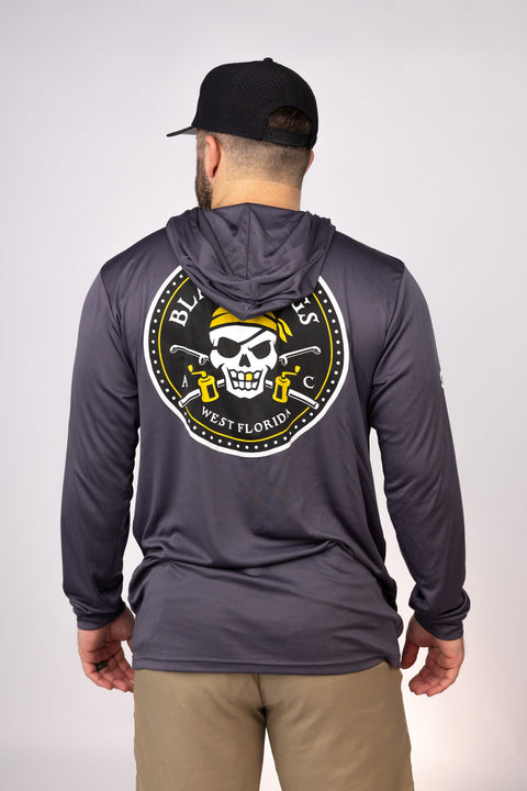 Rear view of Graphite West Florida Black Flags Performance Hoodie