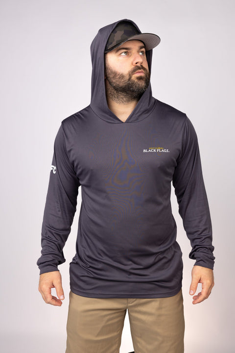 Hood up view of Graphite West Florida Black Flags Performance Hoodie