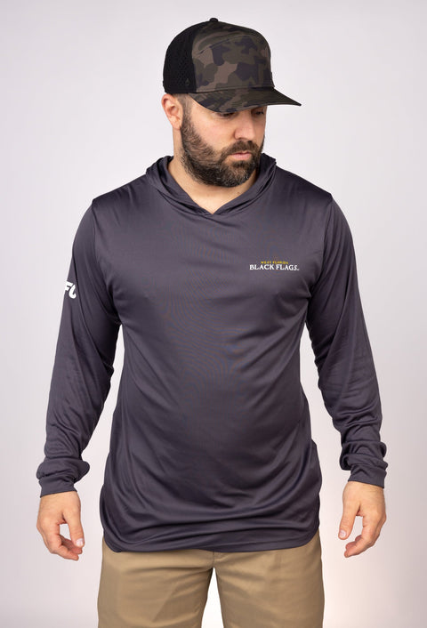 Front view of Graphite West Florida Black Flags Performance Hoodie