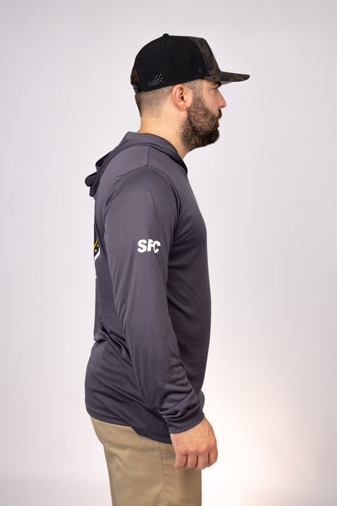 Side view of Graphite West Florida Black Flags Performance Hoodie