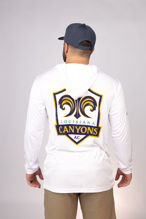 Rear view of White Louisiana Canyons Performance Hoodie