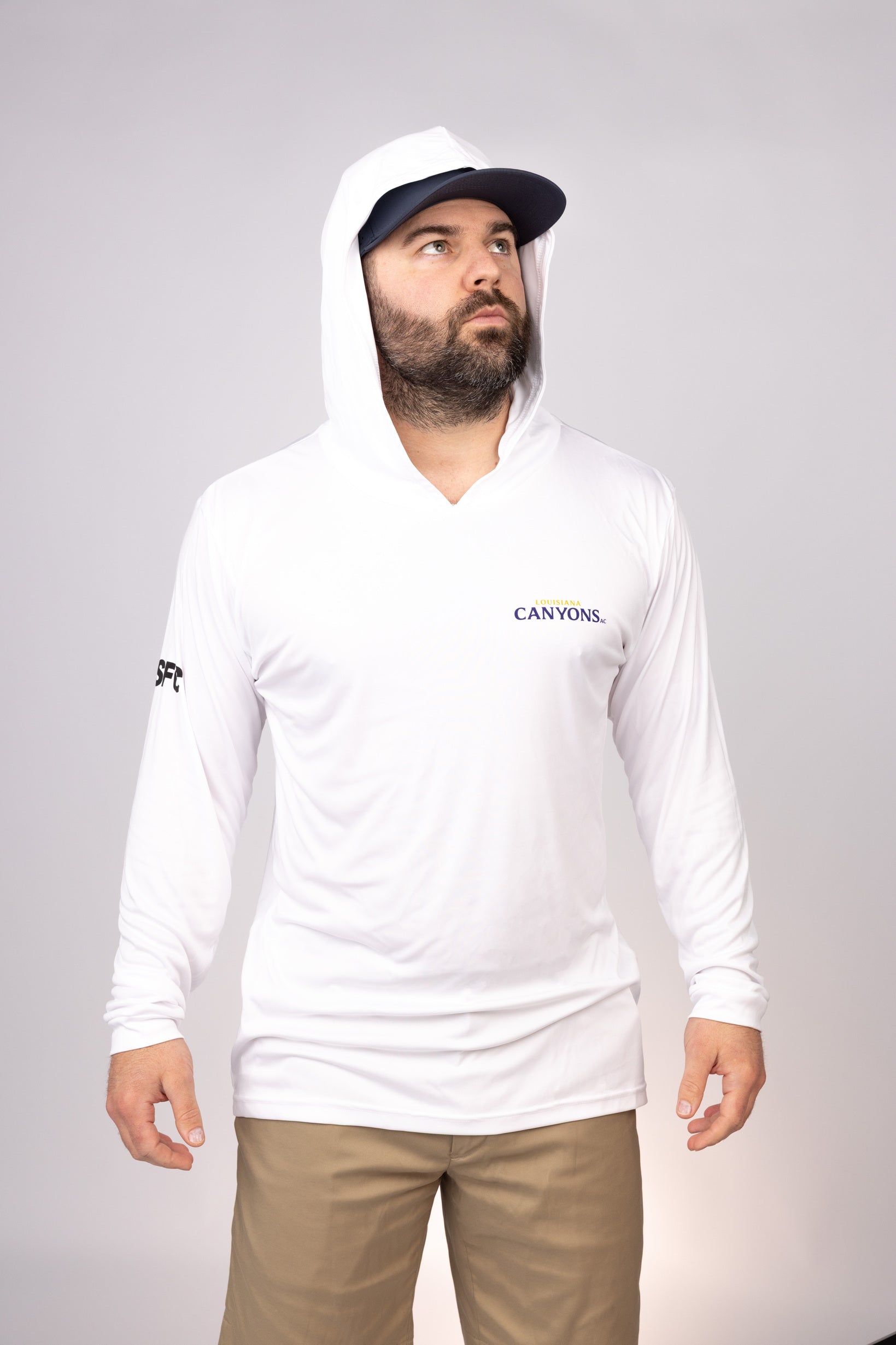 Hood up view of White Louisiana Canyons Performance Hoodie