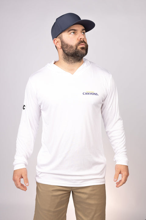 Front view of White Louisiana Canyons Performance Hoodie