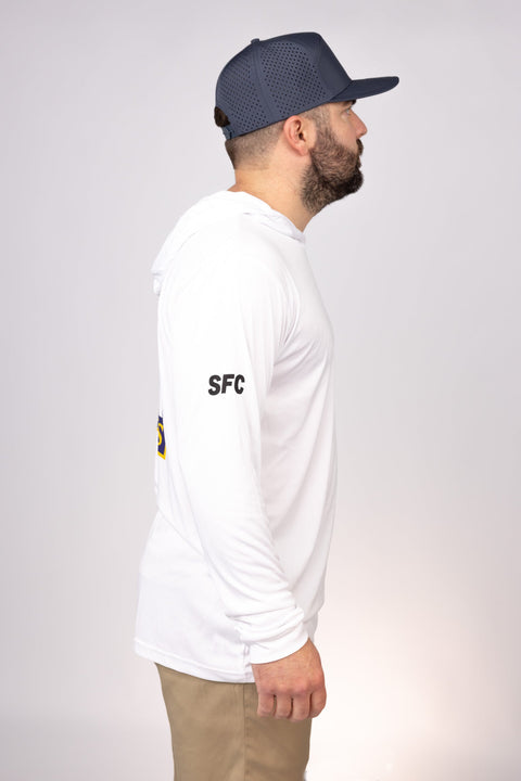 Side view of White Louisiana Canyons Performance Hoodie
