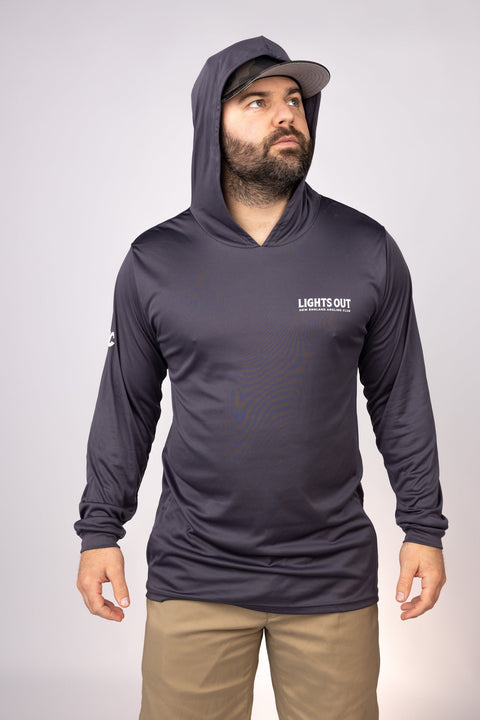 Hood up view of Graphite New England Lights Out Performance Hoodie