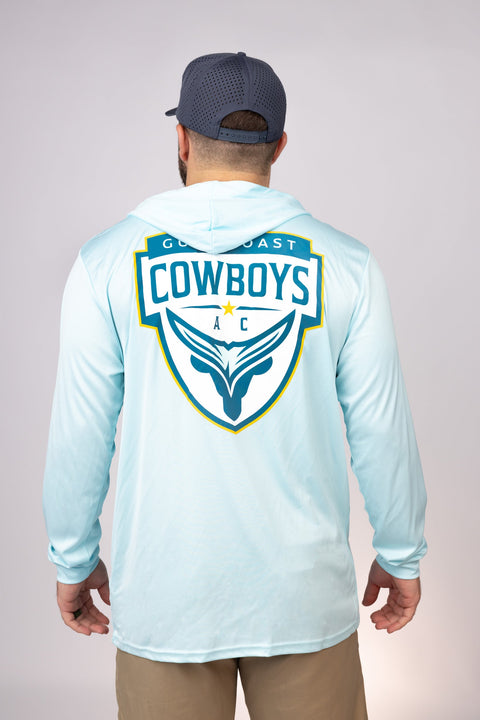 Rear view of Aqua Blue Gulf Coast Cowboys Performance Hoodie