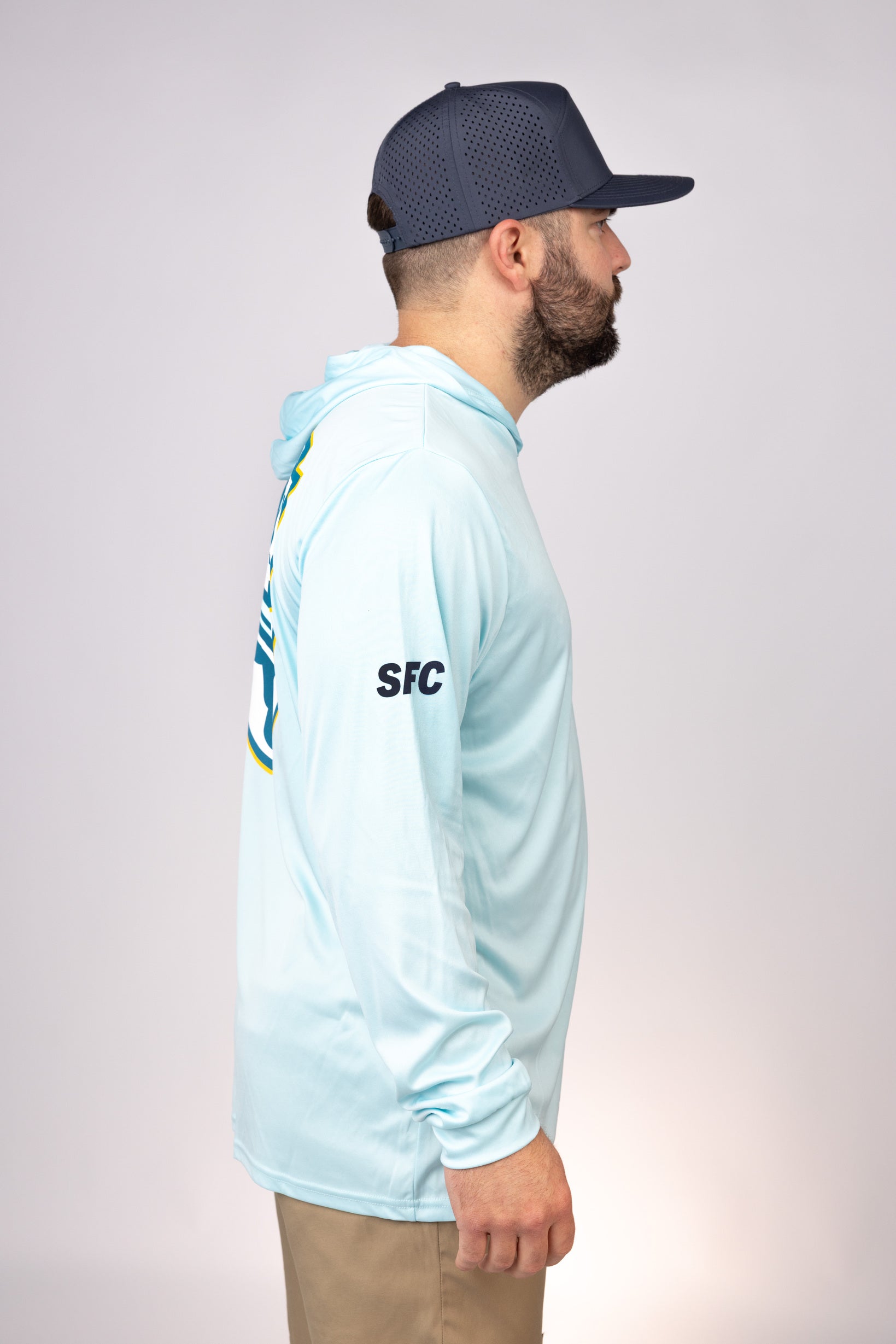Side view of Aqua Blue Gulf Coast Cowboys Performance Hoodie