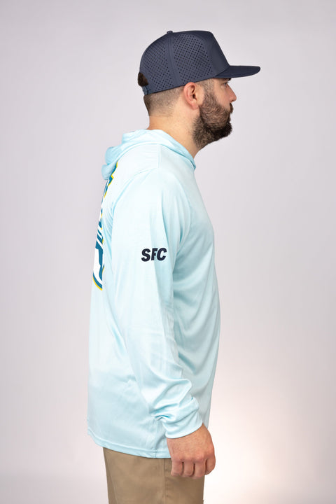 Side view of Aqua Blue Gulf Coast Cowboys Performance Hoodie