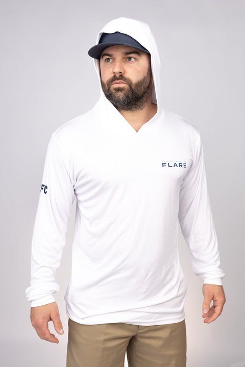 Hood up view of White North Carolina Flare Performance Hoodie
